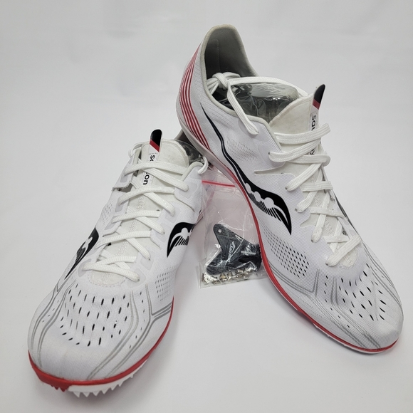 Saucony Mens Endorphin 3 White/Vizi Red Running Lightest Spike Shoes Size 12.5M - Picture 1 of 10